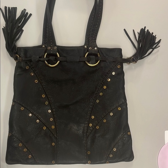 Carla Mancini Edgy Black and Gold leather Tote with Studded & fringe Details - Picture 1 of 15